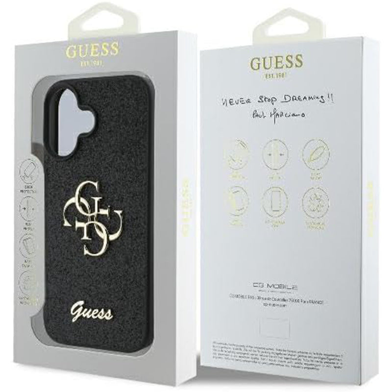 Skyddsfodral för Apple iPhone 16, Guess, Fixed Glitter Big 4G, Svart