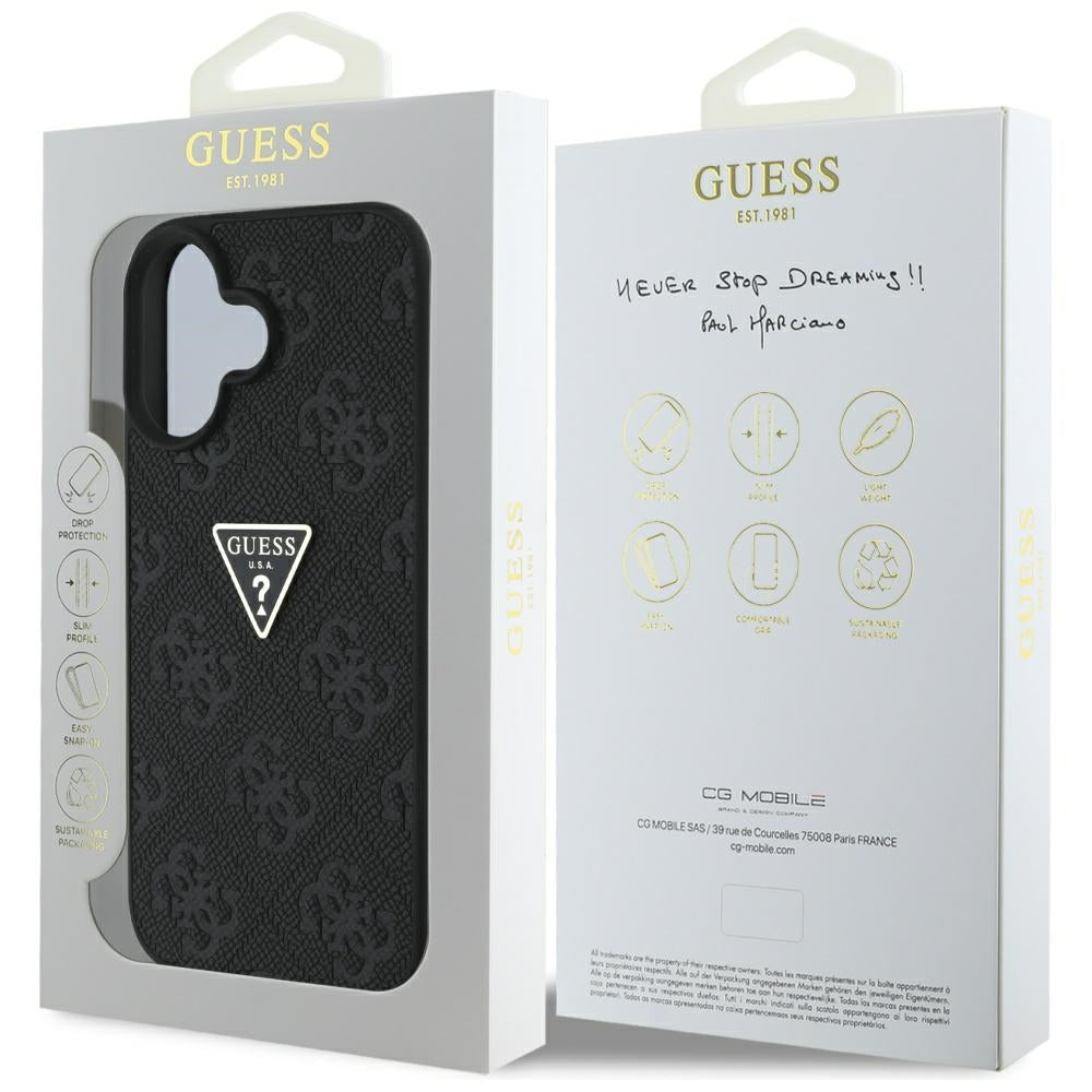 Fodral för Apple iPhone 16, Guess, Hot Stamp 4G Pattern Triangle Logo, Svart