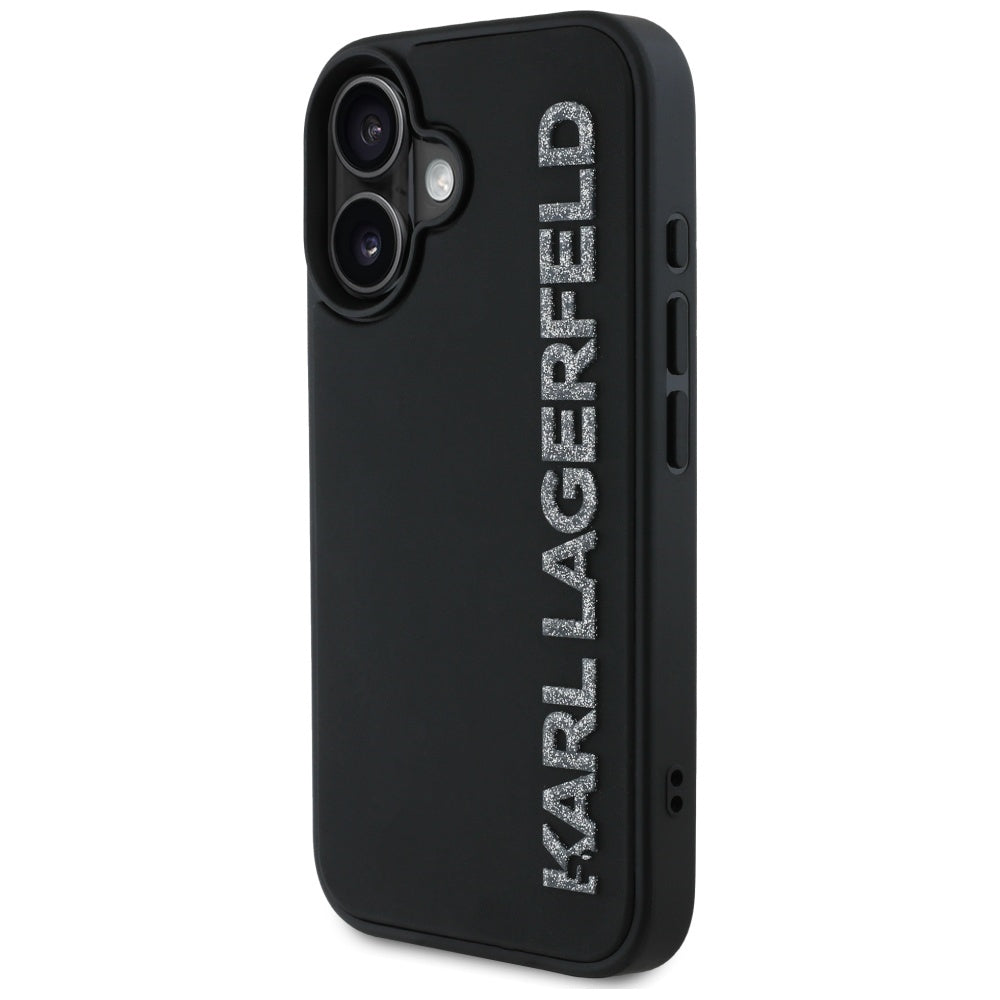 Skyddsfodral för Apple iPhone 16, Karl Lagerfeld, 3D Rubber Elongated Glitter Logo, Svart