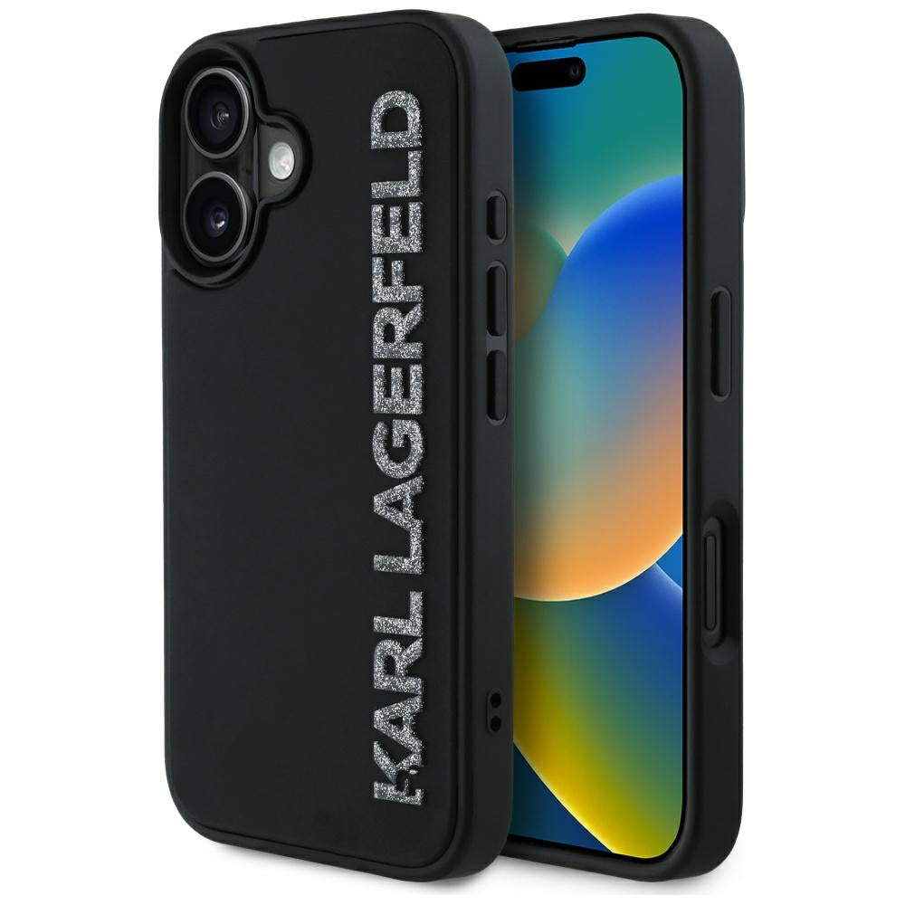 Skyddsfodral för Apple iPhone 16, Karl Lagerfeld, 3D Rubber Elongated Glitter Logo, Svart