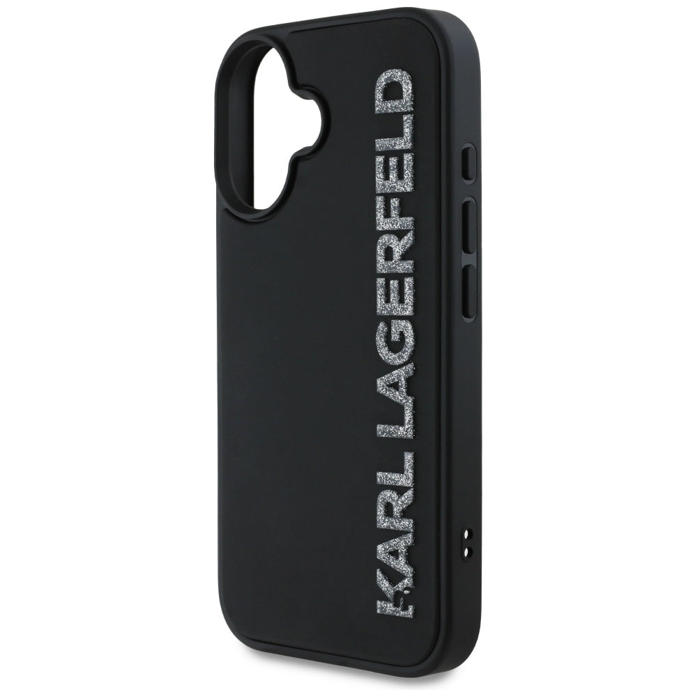 Skyddsfodral för Apple iPhone 16, Karl Lagerfeld, 3D Rubber Elongated Glitter Logo, Svart