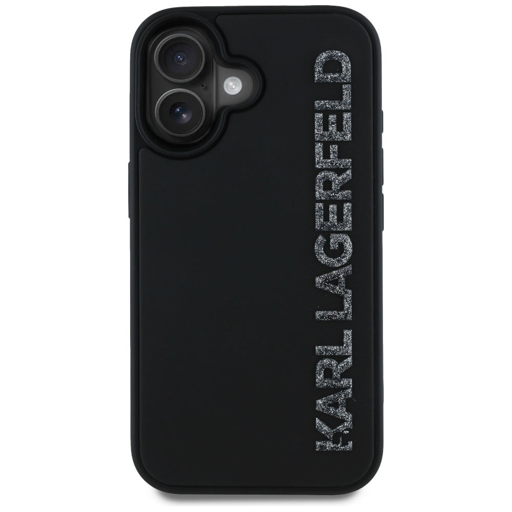Skyddsfodral för Apple iPhone 16, Karl Lagerfeld, 3D Rubber Elongated Glitter Logo, Svart