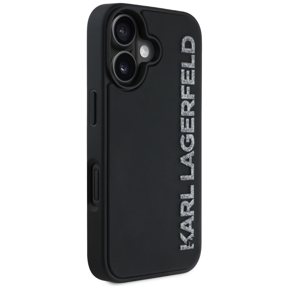 Skyddsfodral för Apple iPhone 16, Karl Lagerfeld, 3D Rubber Elongated Glitter Logo, Svart