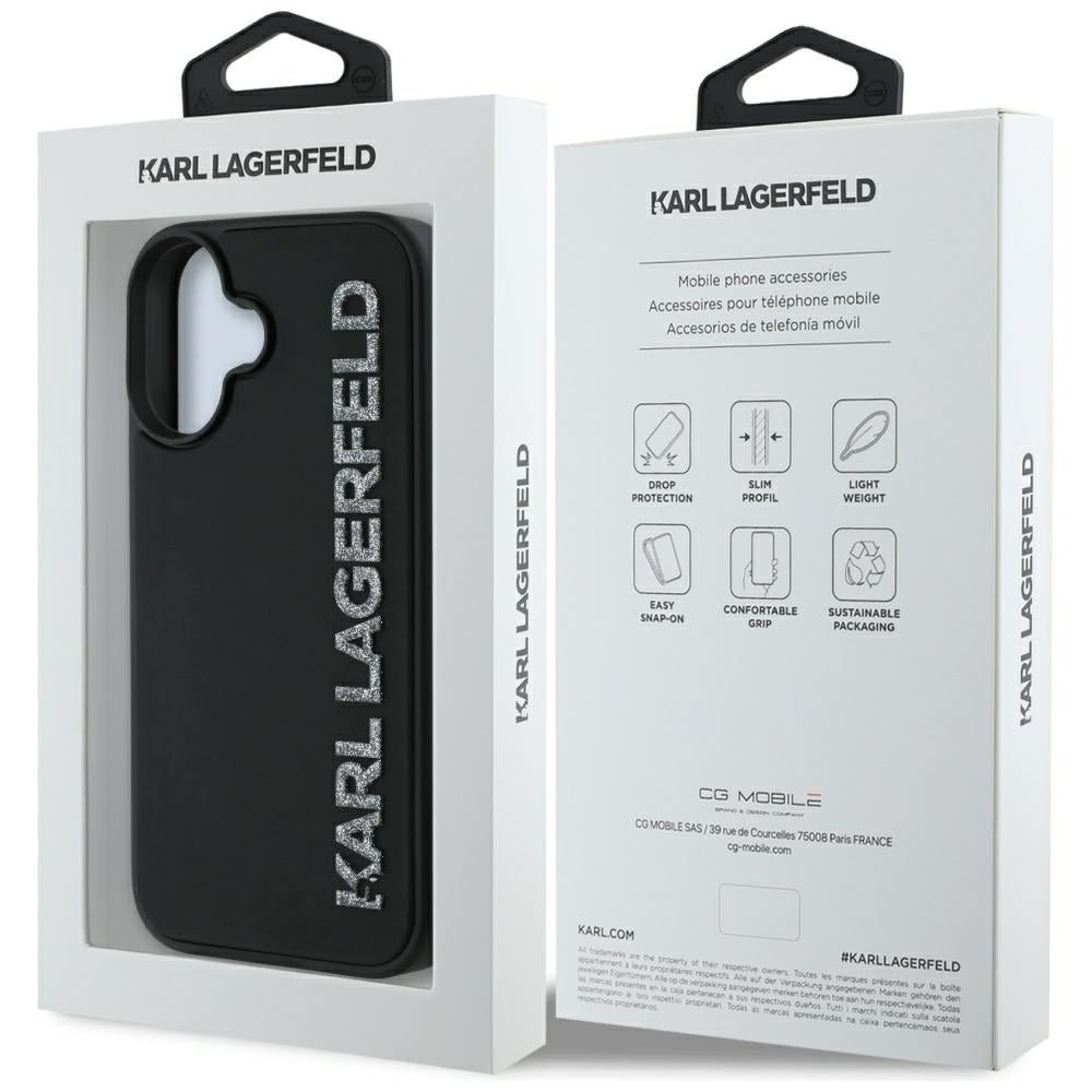 Skyddsfodral för Apple iPhone 16, Karl Lagerfeld, 3D Rubber Elongated Glitter Logo, Svart