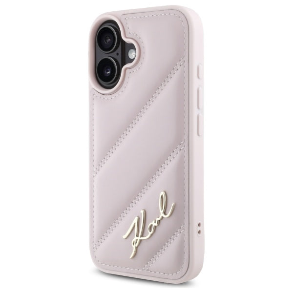 Fodral för Apple iPhone 16, Karl Lagerfeld, Diagonal Quilted Script, Rosa