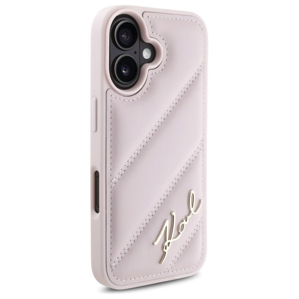 Fodral för Apple iPhone 16, Karl Lagerfeld, Diagonal Quilted Script, Rosa