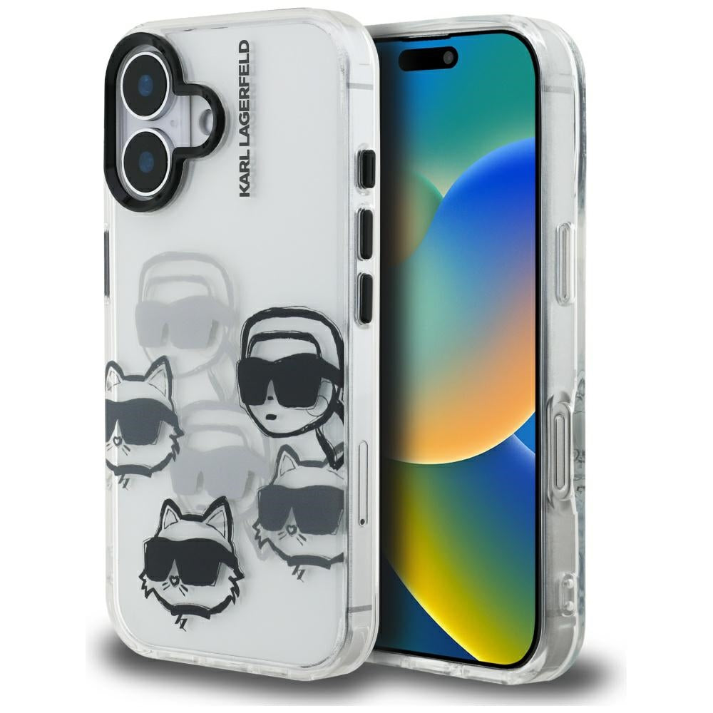 Skyddsfodral för Apple iPhone 16, Karl Lagerfeld, IML Luxury Multi Head Pattern, Transparent