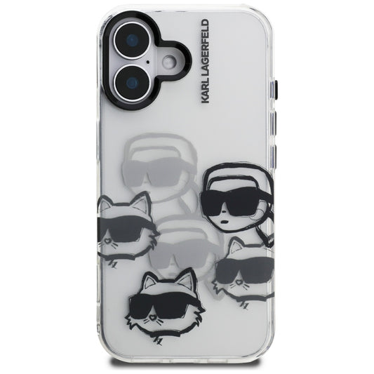 Skyddsfodral för Apple iPhone 16, Karl Lagerfeld, IML Luxury Multi Head Pattern, Transparent