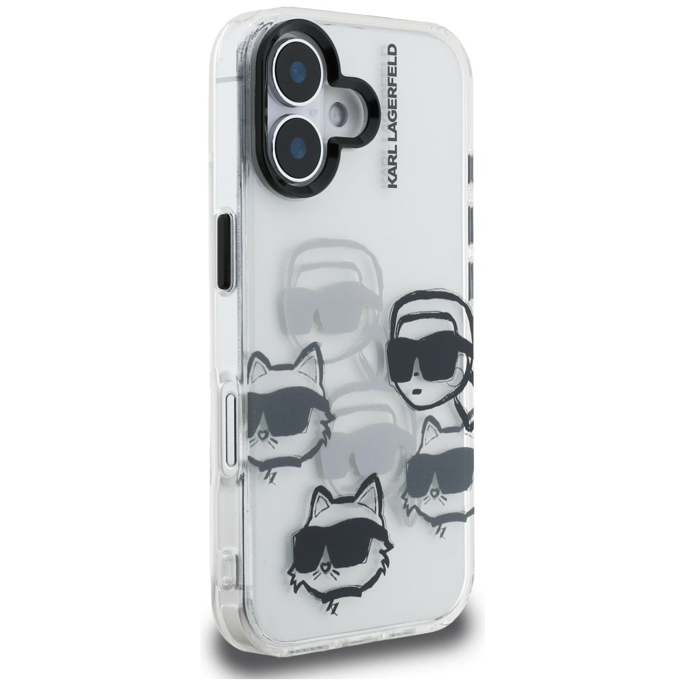 Skyddsfodral för Apple iPhone 16, Karl Lagerfeld, IML Luxury Multi Head Pattern, Transparent