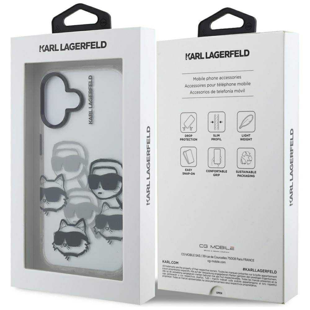 Skyddsfodral för Apple iPhone 16, Karl Lagerfeld, IML Luxury Multi Head Pattern, Transparent