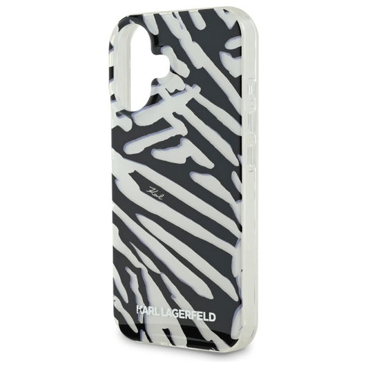 Skyddsfodral för Apple iPhone 16, Karl Lagerfeld, IML Luxury Zebra Pattern with Strap, Svart