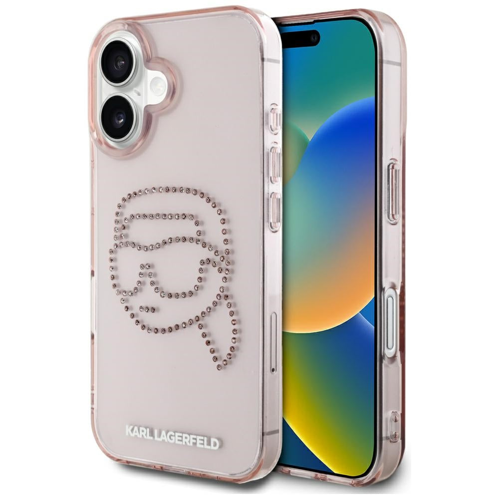 Fodral för Apple iPhone 16, Karl Lagerfeld, IML Rhinestones Karl's Head, Rosa