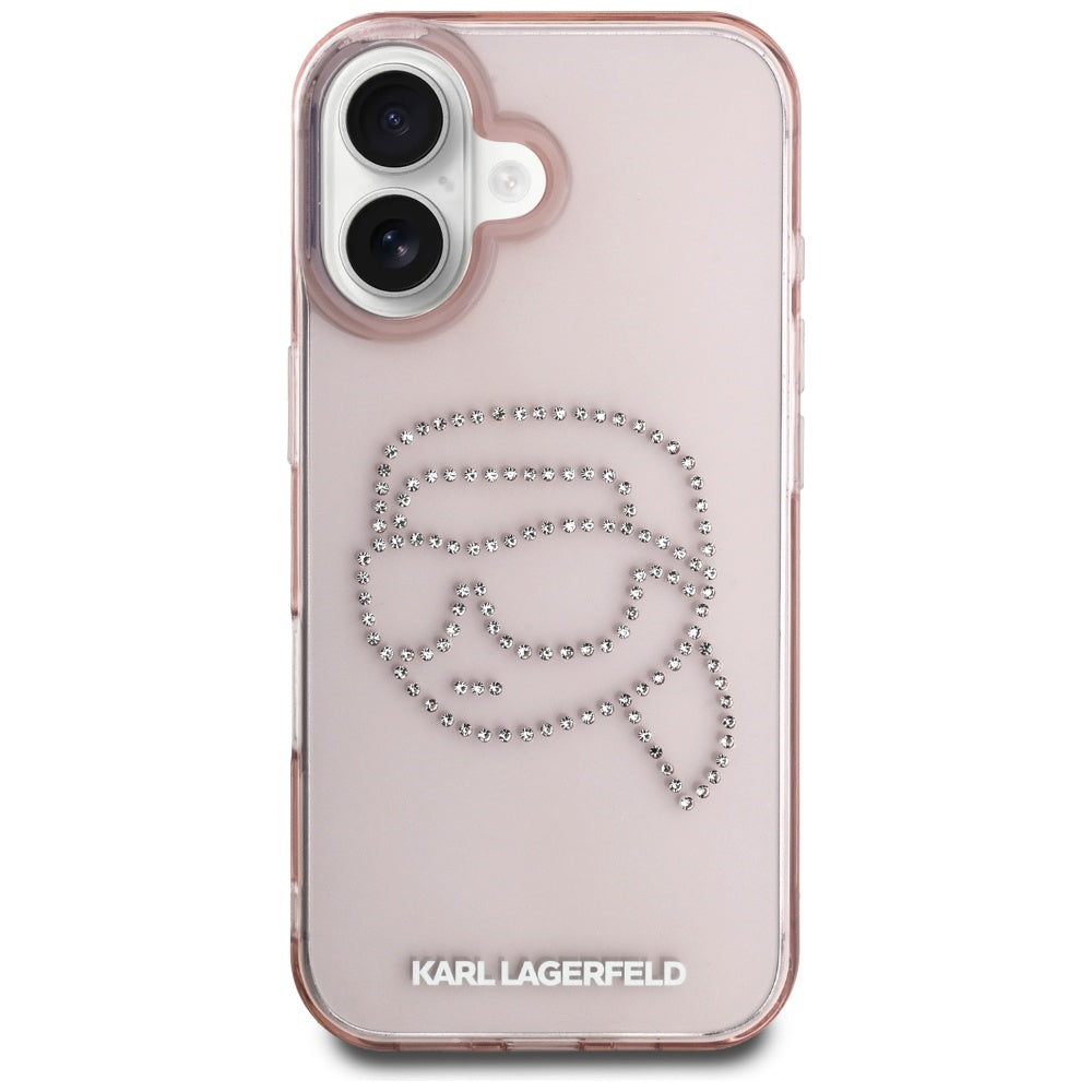 Fodral för Apple iPhone 16, Karl Lagerfeld, IML Rhinestones Karl's Head, Rosa