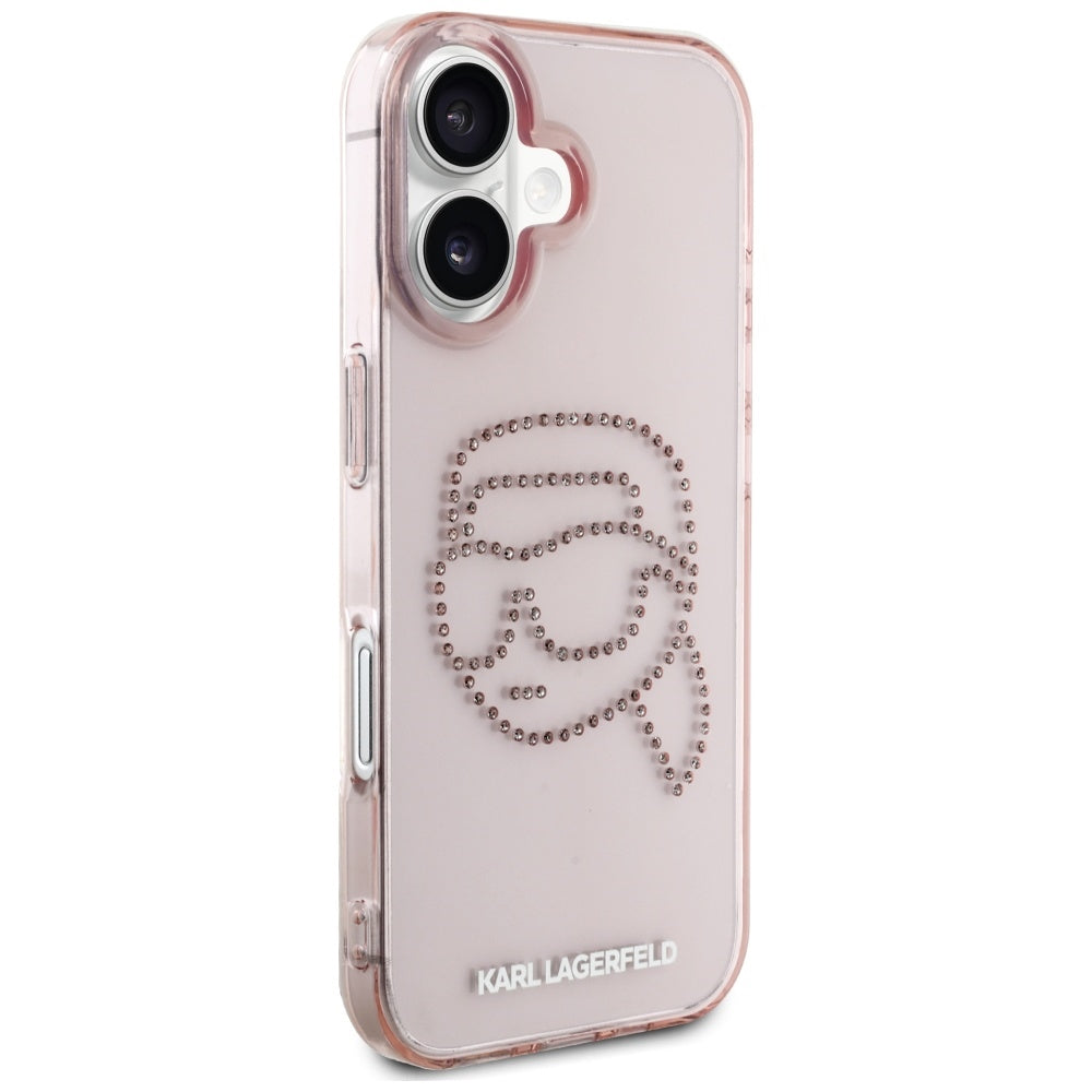 Fodral för Apple iPhone 16, Karl Lagerfeld, IML Rhinestones Karl's Head, Rosa