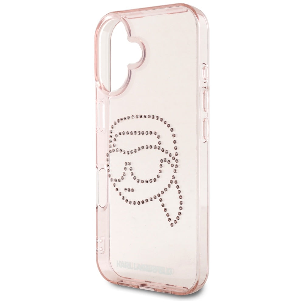 Fodral för Apple iPhone 16, Karl Lagerfeld, IML Rhinestones Karl's Head, Rosa