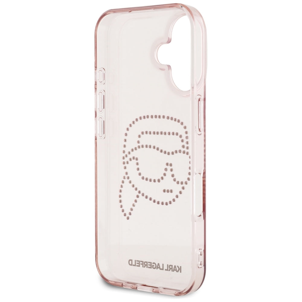 Fodral för Apple iPhone 16, Karl Lagerfeld, IML Rhinestones Karl's Head, Rosa