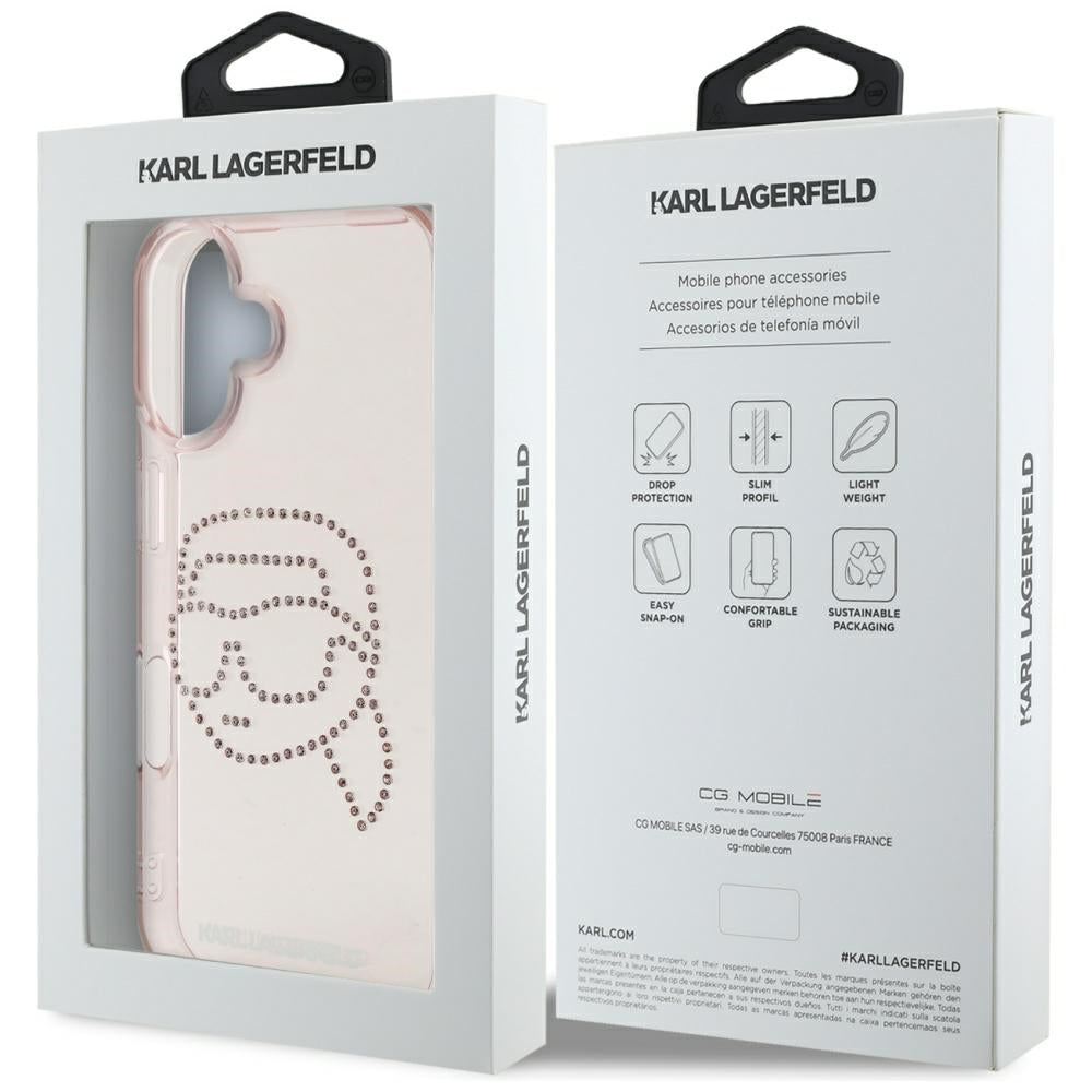 Fodral för Apple iPhone 16, Karl Lagerfeld, IML Rhinestones Karl's Head, Rosa