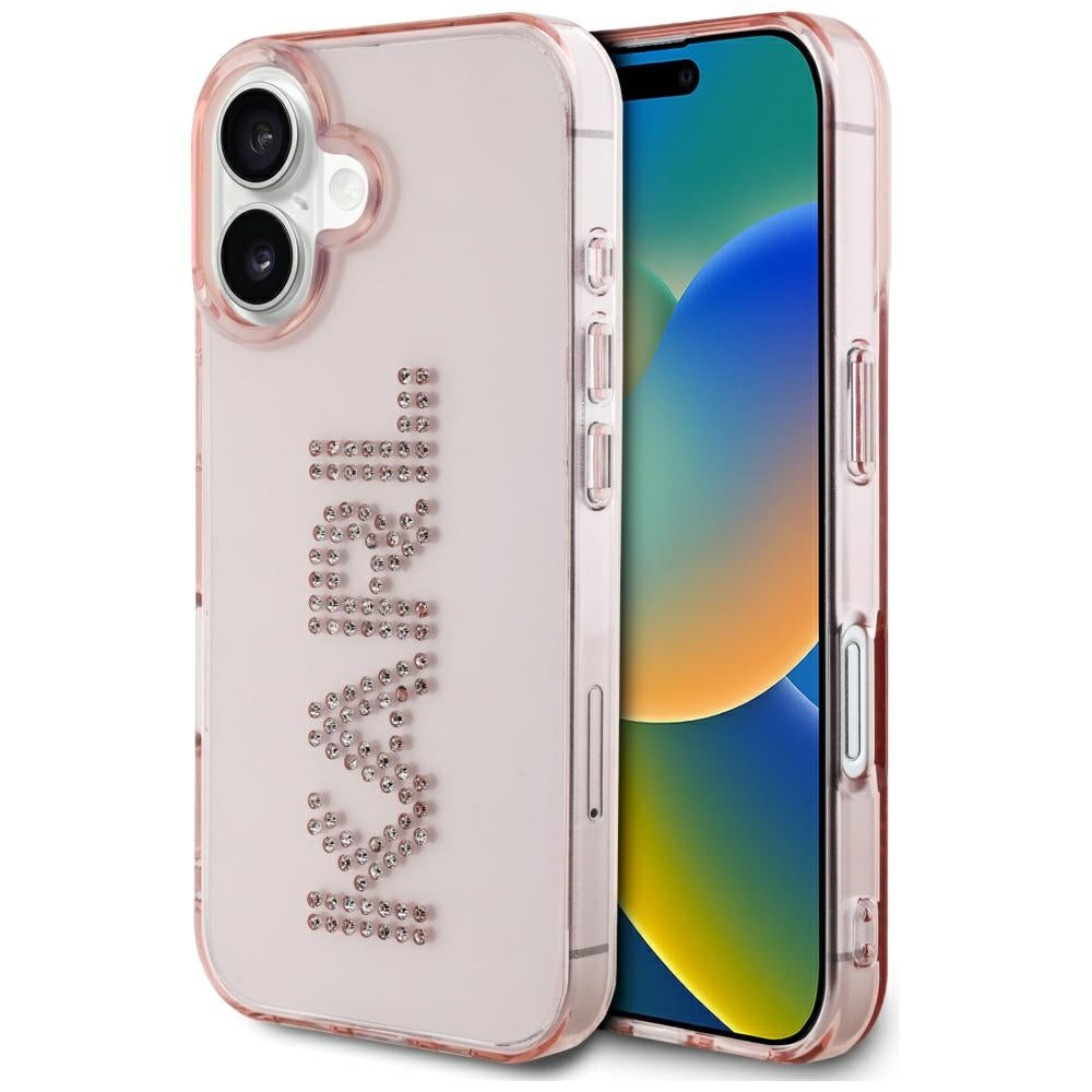 Fodral för Apple iPhone 16, Karl Lagerfeld, IML Rhinestones Pink Logo, Rosa