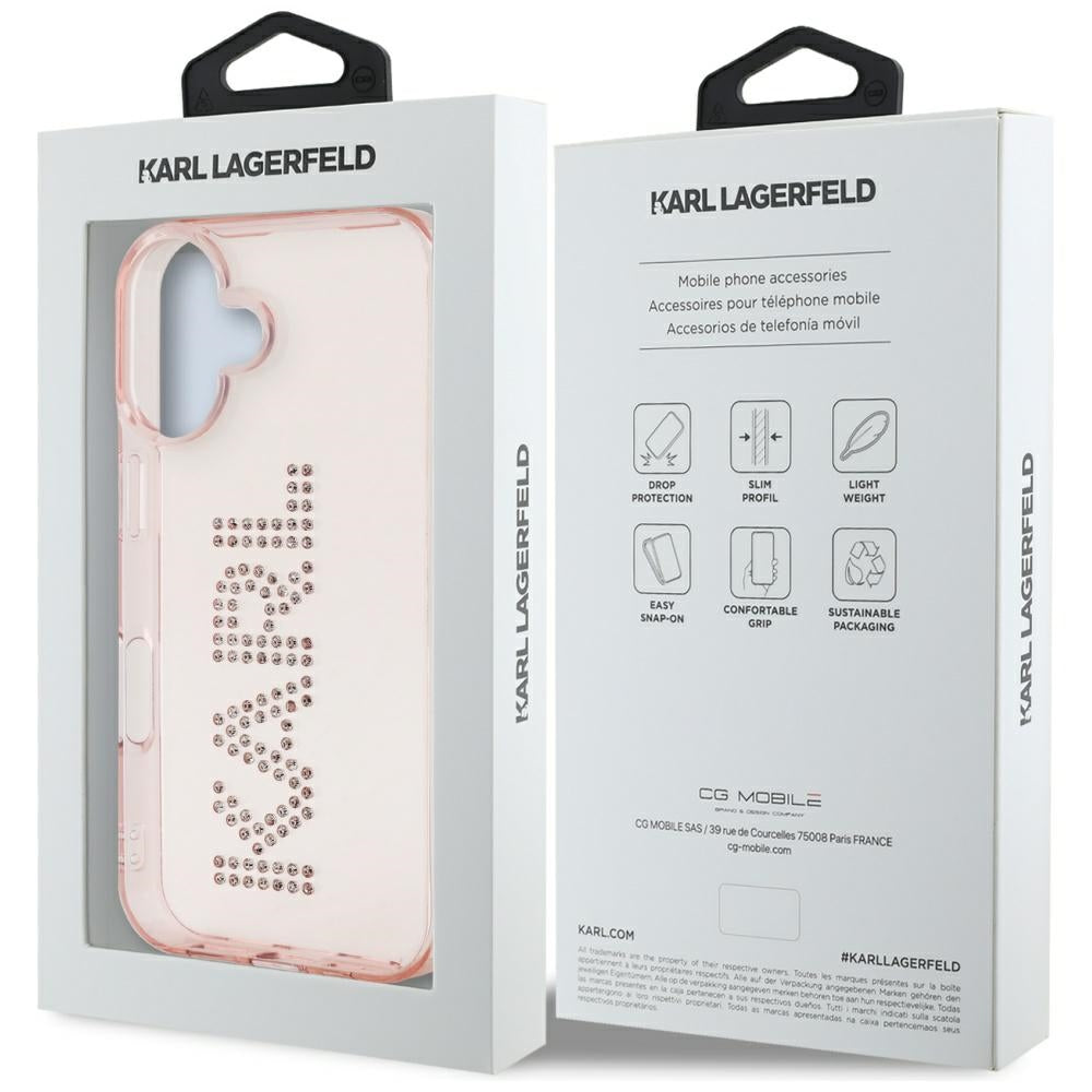 Fodral för Apple iPhone 16, Karl Lagerfeld, IML Rhinestones Pink Logo, Rosa