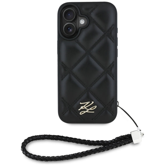 Fodral för Apple iPhone 16, Karl Lagerfeld, Quilted Initial Logo & Chain Strap, Svart