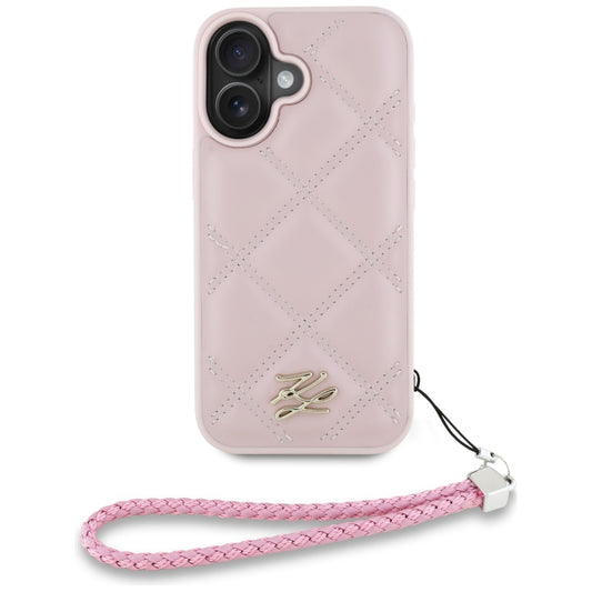 Fodral för Apple iPhone 16, Karl Lagerfeld, Quilted Initial Logo & Chain Strap, Rosa