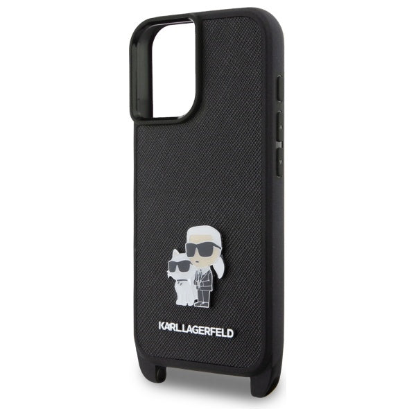 Fodral för Apple iPhone 16, Karl Lagerfeld, Saffiano Crossbody Metal Pin Karl & Choupette, Vit