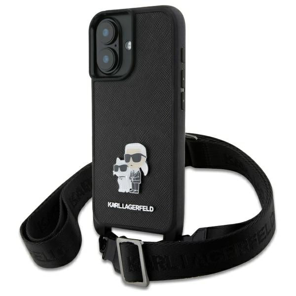 Fodral för Apple iPhone 16, Karl Lagerfeld, Saffiano Crossbody Metal Pin Karl & Choupette, Vit