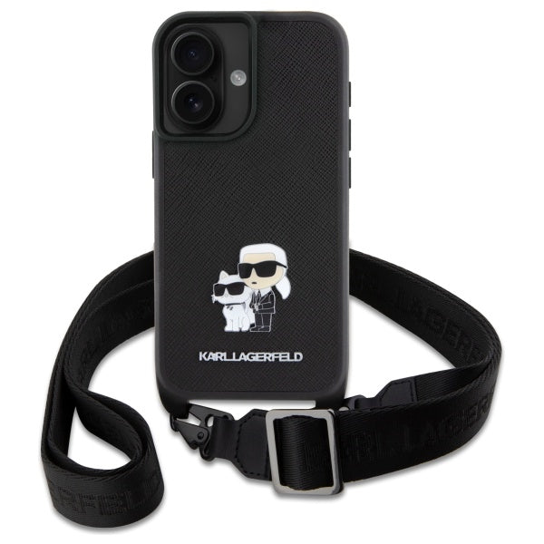 Fodral för Apple iPhone 16, Karl Lagerfeld, Saffiano Crossbody Metal Pin Karl & Choupette, Vit