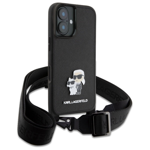Fodral för Apple iPhone 16, Karl Lagerfeld, Saffiano Crossbody Metal Pin Karl & Choupette, Vit
