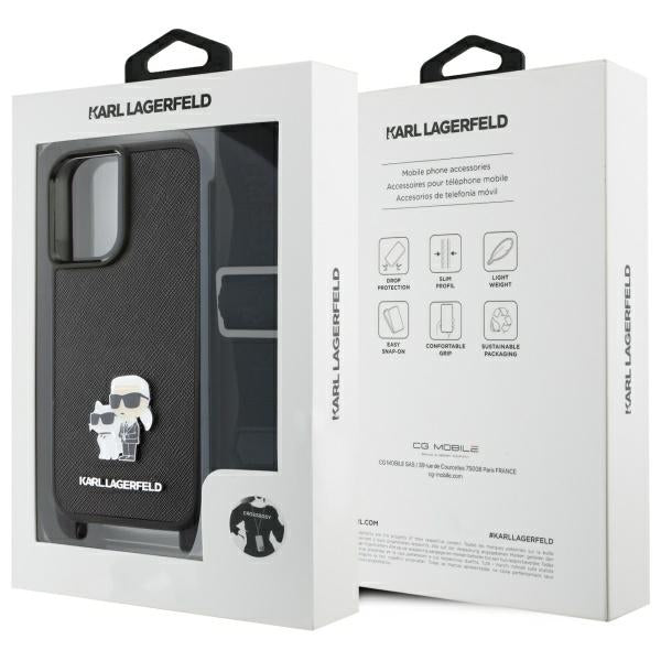 Fodral för Apple iPhone 16, Karl Lagerfeld, Saffiano Crossbody Metal Pin Karl & Choupette, Vit