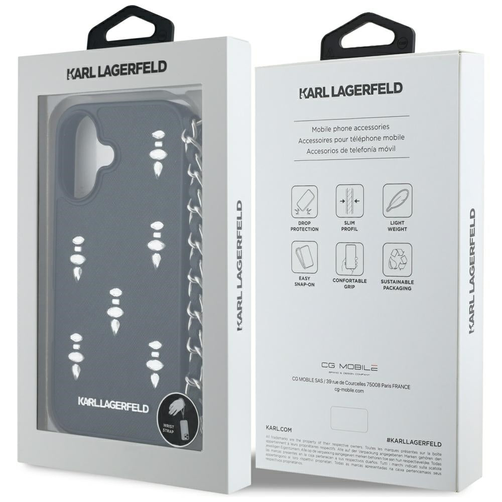 Fodral för Apple iPhone 16, Karl Lagerfeld, Saffiano Crystals & Charm, Svart
