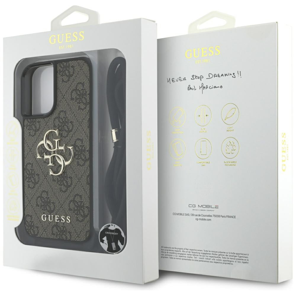 Skyddsfodral för Apple iPhone 16 Plus, Guess, 4G CBDY Big Logo med snoddrem, Brun