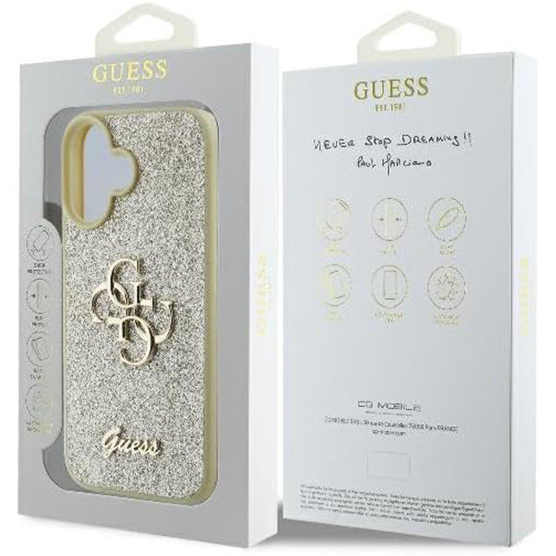 Skyddsfodral för Apple iPhone 16 Plus, Guess, Fixed Glitter Big 4G, Guld
