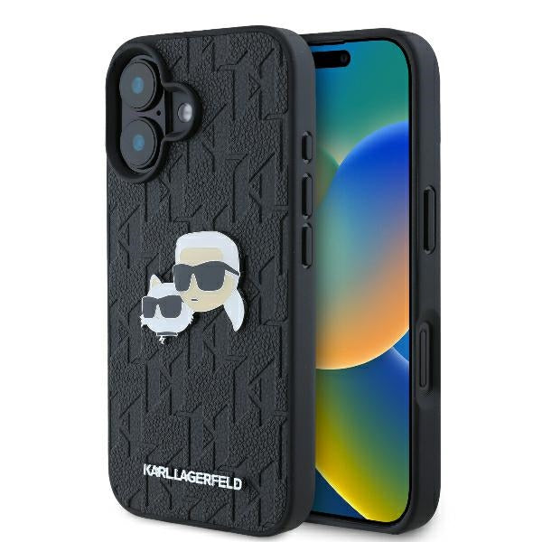 Skyddsfodral för Apple iPhone 16 Plus, Karl Lagerfeld, Monogram Karl & Choupette's Heads, Svart