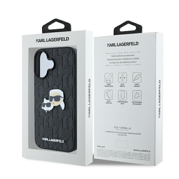 Skyddsfodral för Apple iPhone 16 Plus, Karl Lagerfeld, Monogram Karl & Choupette's Heads, Svart