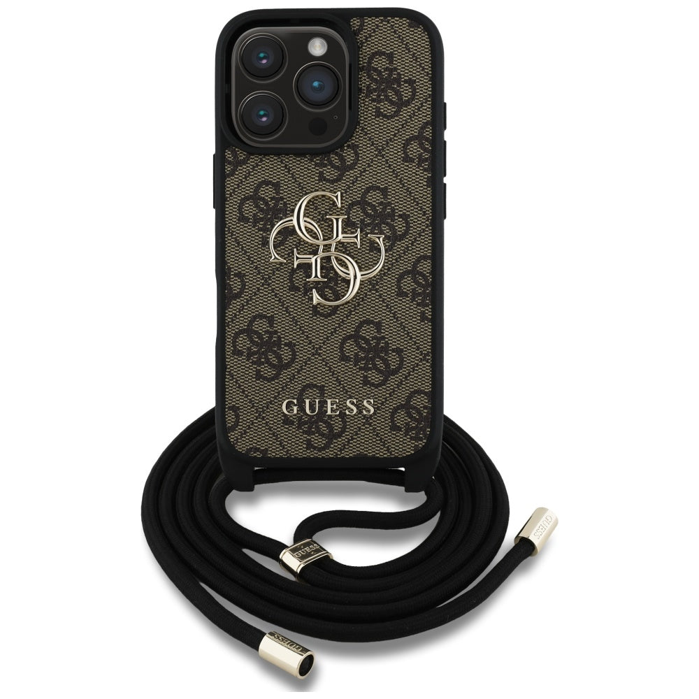 Skyddsfodral för Apple iPhone 16 Pro, Guess, 4G CBDY Big Logo med snoddrem, Brun