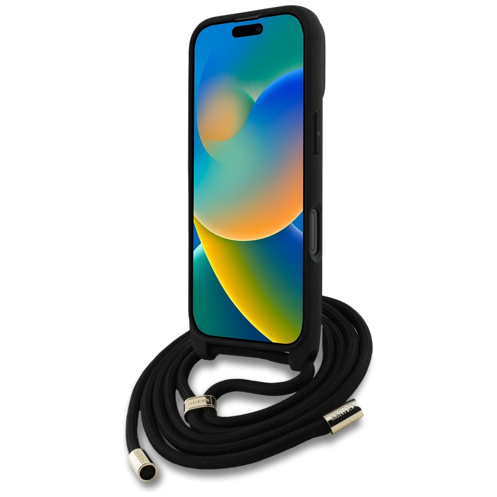 Skyddsfodral för Apple iPhone 16 Pro, Guess, 4G CBDY Big Logo med snoddrem, Brun