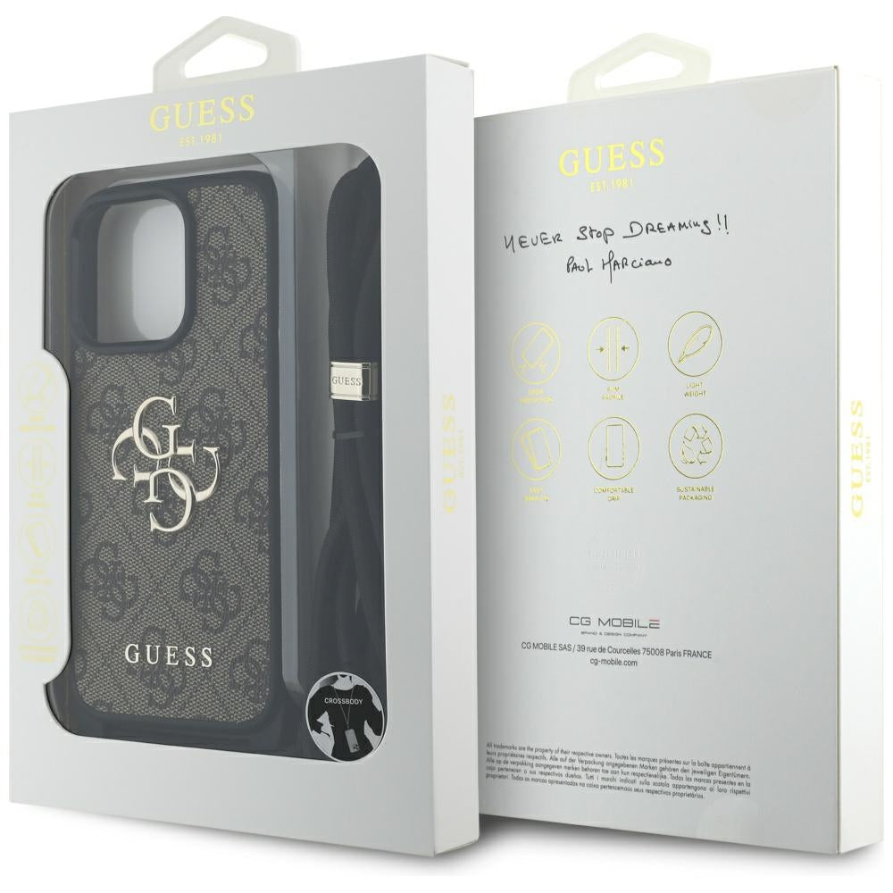 Skyddsfodral för Apple iPhone 16 Pro, Guess, 4G CBDY Big Logo med snoddrem, Brun