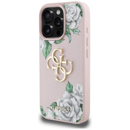Skyddsfodral för Apple iPhone 16 Pro, Guess, 4G Grained Roses Big Logo, Rosa