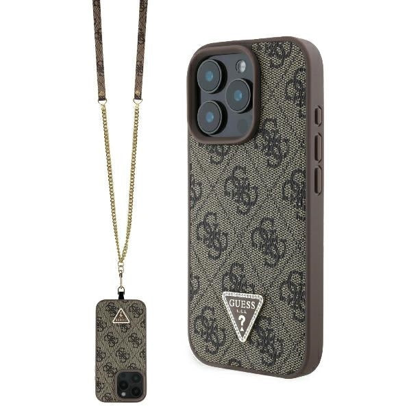 Fodral för Apple iPhone 16 Pro, Guess, Crossbody 4G Triangle Strass, Brun