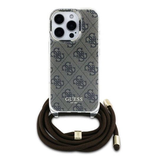 Fodral för Apple iPhone 16 Pro, Guess, Crossbody Cord 4G Print, Brun
