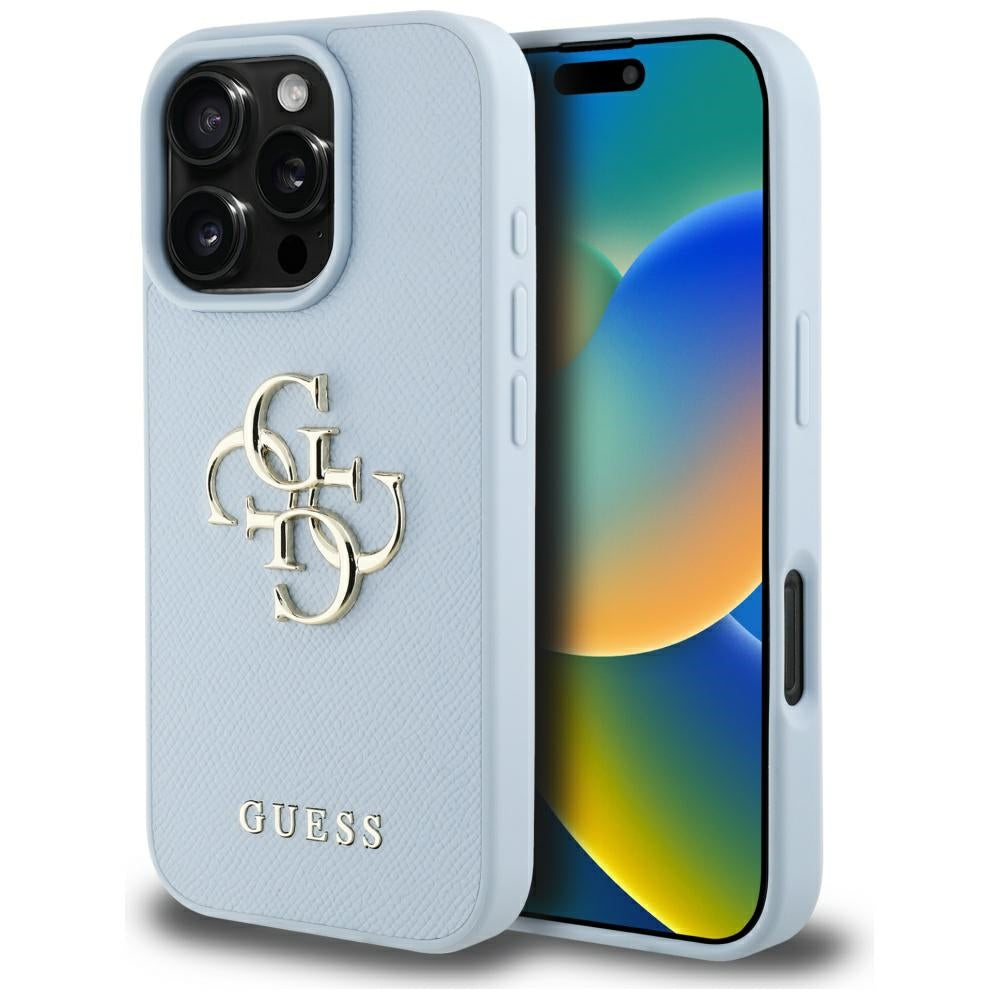 Skyddsfodral för Apple iPhone 16 Pro, Guess, Grained Big 4G Logo Small Classic Logo, Blå