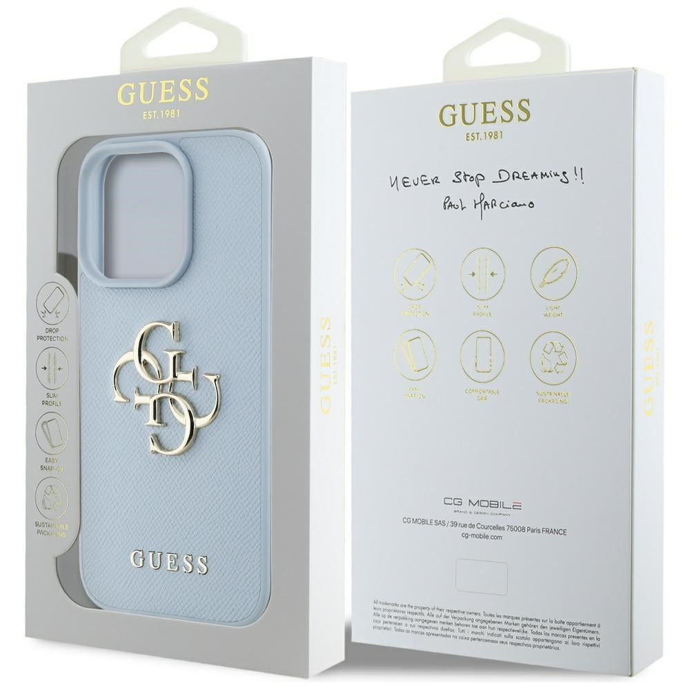 Skyddsfodral för Apple iPhone 16 Pro, Guess, Grained Big 4G Logo Small Classic Logo, Blå