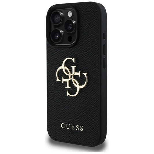 Fodral för Apple iPhone 16 Pro, Guess, Grained Big 4G Logo Small Classic Logo, Svart
