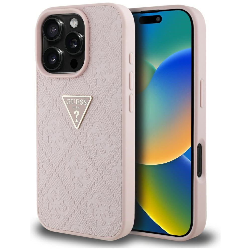 Fodral för Apple iPhone 16 Pro, Guess, Hot Stamp 4G Pattern Triangle Logo, Rosa