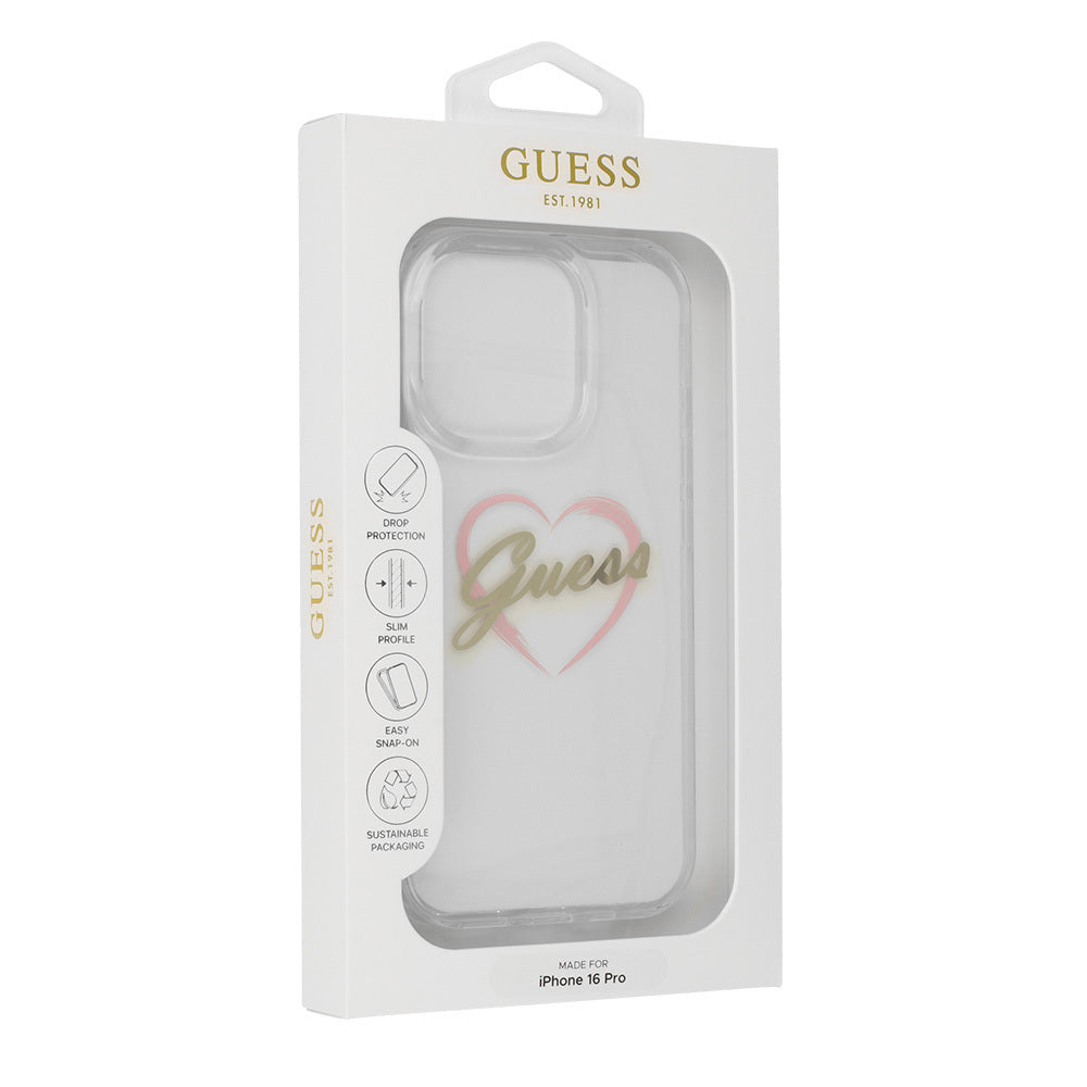 Skyddsfodral för Apple iPhone 16 Pro, Guess, IML Heart, Transparent
