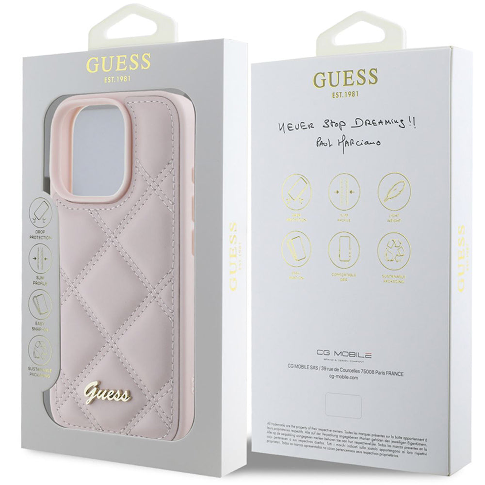 Fodral för Apple iPhone 16 Pro, Guess, Quilted Metal Logo, Rosa