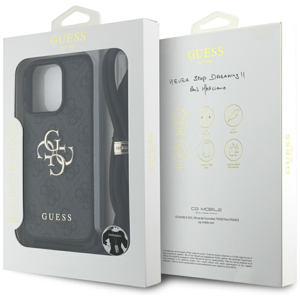 Skyddsfodral för Apple iPhone 16 Pro Max, Guess, 4G CBDY Big Logo med snoddrem, Svart