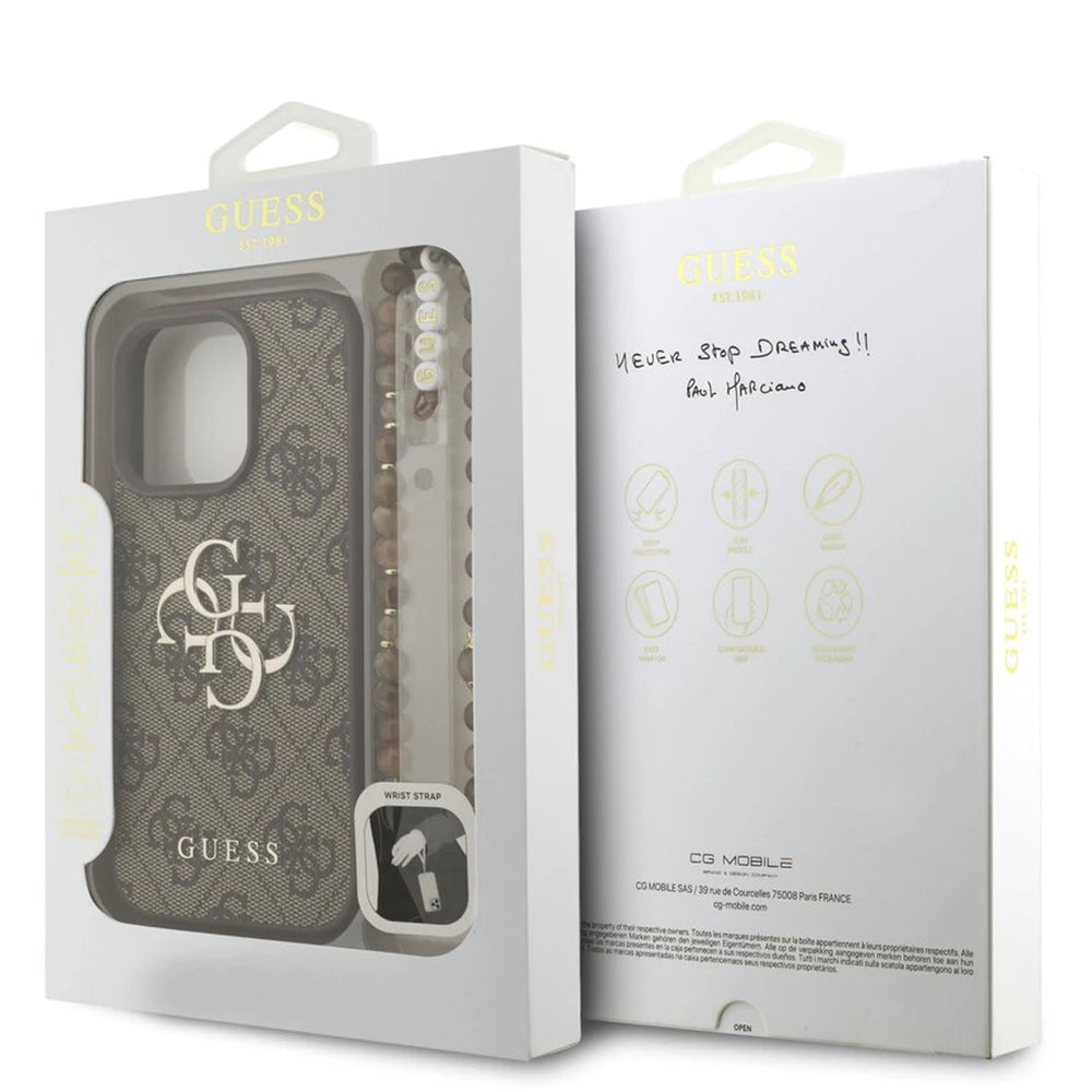 Skyddsfodral för Apple iPhone 16 Pro Max, Guess, 4G Classic Logo med rem, Brun