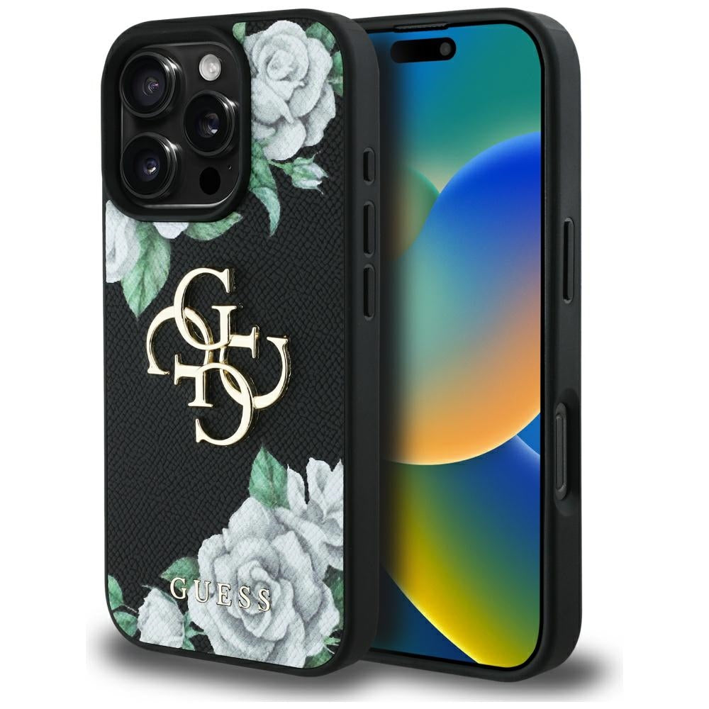 Skyddsfodral för Apple iPhone 16 Pro Max, Guess, 4G Grained Roses Big Logo, Svart